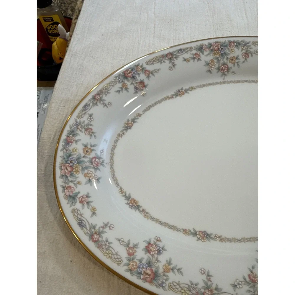 Noritake Ivory China Gallery 7246 Oval Serving Platter Floral Gold Trim 13.5in
